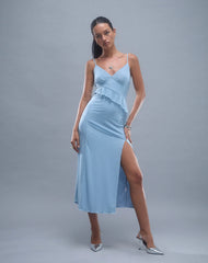 Jacy Ruffle Midi Dress in Mesh Blue