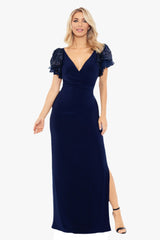 "Jennifer" Long Jersey Knit Sequin Sleeve Dress