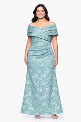 Plus "April" Jacquard Off the Shoulder Floor Length Dress