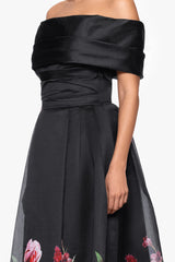 Petite "Tabitha" Organza Print Off the Shoulder Midi Dress