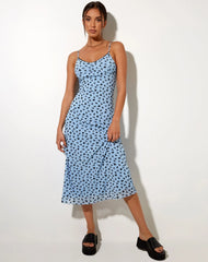 Cotina Midi Dress in Blue Flower Buds Black Flock