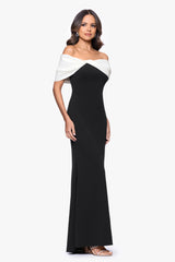"Michelle" Scuba Crepe Off the Shouler Taffeta Trim Floor Length Dress