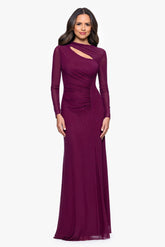 "Callie" Mesh Cutout Embellished Long Sleeve Floor Length Dress