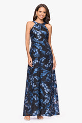 Petite "Leila" Organza Brocade Halter Neck Floor Length Dress