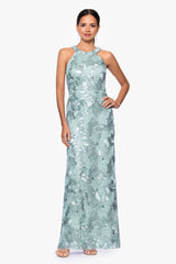 Petite "Fabiana" Halter Neck Soutache and Sequin Floor Length Dress