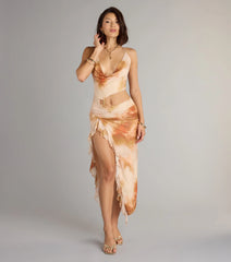 Golden Hour Glow Abstract Print Cutout Midi Dress