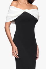 "Michelle" Scuba Crepe Off the Shouler Taffeta Trim Floor Length Dress