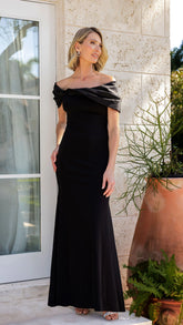 Petite "Michelle" Scuba Crepe Off the Shouler Taffeta Trim Floor Length Dress
