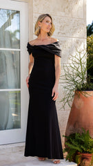 Petite "Michelle" Scuba Crepe Off the Shouler Taffeta Trim Floor Length Dress