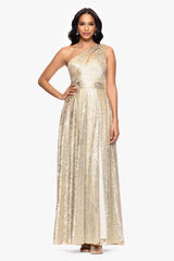 Petite "Mariah" Metallic Foil Knit One Shoulder Floor Length Dress