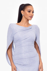 Petite "Elaine" Long Metallic Crinkle Cowl Neck Back Dress