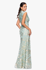 "Cory" Metallic Print Rouched Floor Length Dress