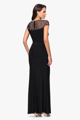 Petite "Nina" Jersey Knit Embellished Illusion Neckline