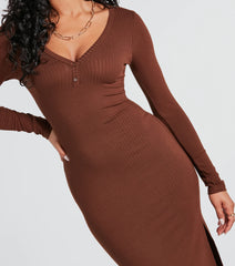Change Of Season Long Sleeve Ribbed Knit Midi Dress