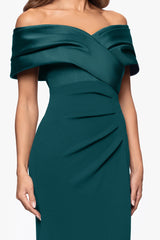 Petite "Yasmeen" Long Off The Shoulder Scuba Crepe Gown