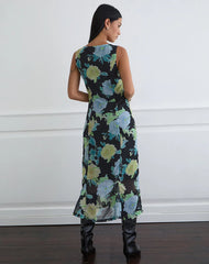 Olydia Midi Dress in Black Chiffon with Crystal Flower Print