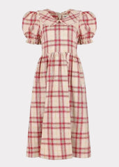 Pyper Oversized Collar Cotton Puff Sleeve Midi Dress - Red Plaid