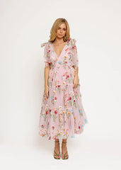 Margaret Floral Embroidered Midi Dress Pink