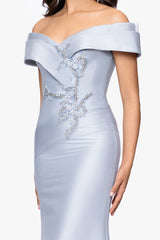 "Zara" Mikado Off the Shoulder Floral Bead Floor Length Dress