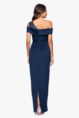 Petite "Delia" Techno Scuba Asymmetric Off Shoulder Floor Length Dress