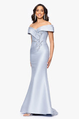 "Zara" Mikado Off the Shoulder Floral Bead Floor Length Dress