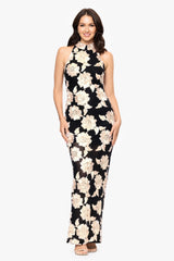 Petite "Camielle" 3D Flower Soutache Mock Neck Floor Length Dress