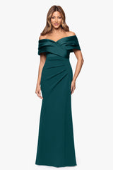 Petite "Yasmeen" Long Off The Shoulder Scuba Crepe Gown