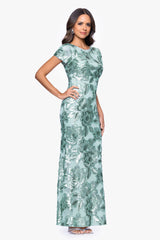 Petite "Lyanna" Sequin Mesh Cap Sleeve Floor Length Dress