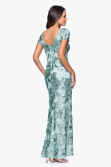 Petite "Lyanna" Sequin Mesh Cap Sleeve Floor Length Dress