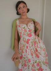 Lottie Basque Waist Floral Midi Dress - White