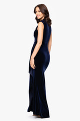 "Fran" Velvet Side Rouched Drape High Neck Floor Length Dress