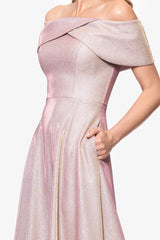 "Kendra" Galaxy Glitter Off the Shoulder Floor Length Gown