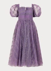 Everbloom Puff Sleeve Midi Dress in Purple