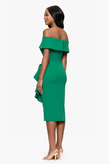 "Kourtney" Scuba Crepe Off the Shoulder Ruffle Midi Dress