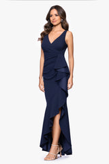 "Candace" Long V- Neck Hi Low Cascade Dress
