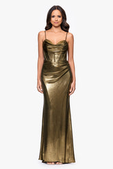 Petite "Shayla" Metallic Jersey Corseted Floor Length Dress