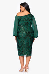Plus "Josephina" Sequin Long Mesh Sleeves Drop Shoulder Knee Length Dress
