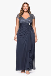 Plus "Kim" Sheer Matte Jersey Lace Cap Sleeve Dress