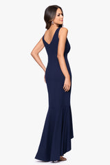 "Candace" Long V- Neck Hi Low Cascade Dress