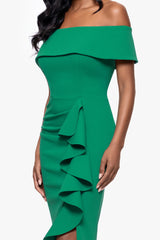 "Kourtney" Scuba Crepe Off the Shoulder Ruffle Midi Dress