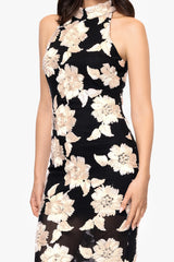 Petite "Camielle" 3D Flower Soutache Mock Neck Floor Length Dress
