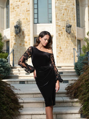 "Verna" Velvet Long Embroidered Sleeves Drop Shoulder Knee Length Dress