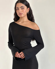 Aldiana Long Sleeve Asymmetric Maxi Dress in Sheer Knit Black