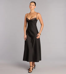 Whispered Elegance Lace Trim Satin Midi Dress