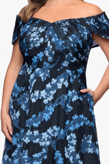 Plus "Amaira" Organza Brocade Off the Shoulder Floor Length Dress