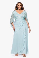 Plus "Parker" Sheer Jersey and Lace Cape Sleeve Floor Length Dress