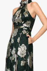 Petite "Blake" Foil Knit High Halter Neck Floor Length Dress