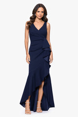 "Candace" Long V- Neck Hi Low Cascade Dress