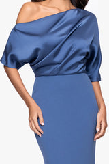 "Ana" Scuba Crepe Satin Drop Shoulder Floor Length Dress