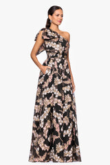 Petite "Josanne" Organza Brocade One Shoulder Floor Length Dress